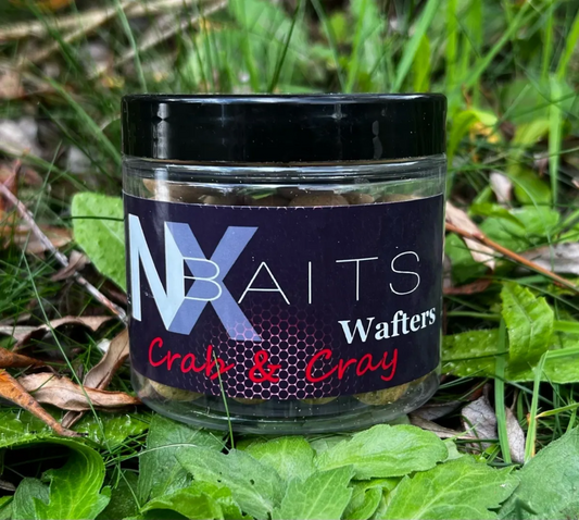 "NX Baits Crab & Crayfish Wafters - Neutral buoyancy hook bait in a plastic pot, available in 15mm & 18mm match-the-hatch sizes, perfect for carp, tench, and barbel fishing.